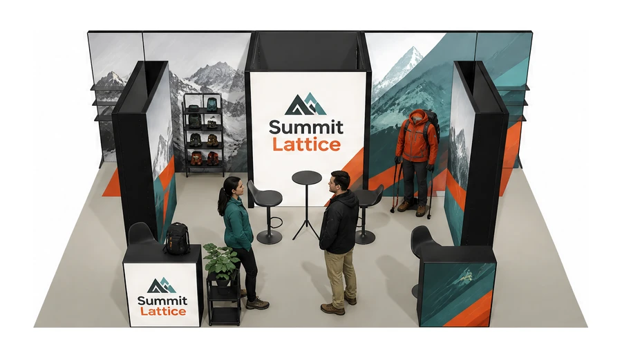 Stoisko 8 × 5 m półwyspowe dla branży odzież i sprzęt outdoorowy, przykładowa marka Summit Lattice
