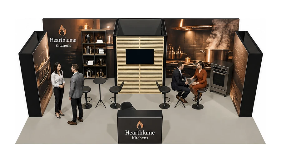 Stoisko 8 × 5 m półwyspowe dla branży sprzęt kuchenny i AGD, przykładowa marka Hearthlume Kitchens