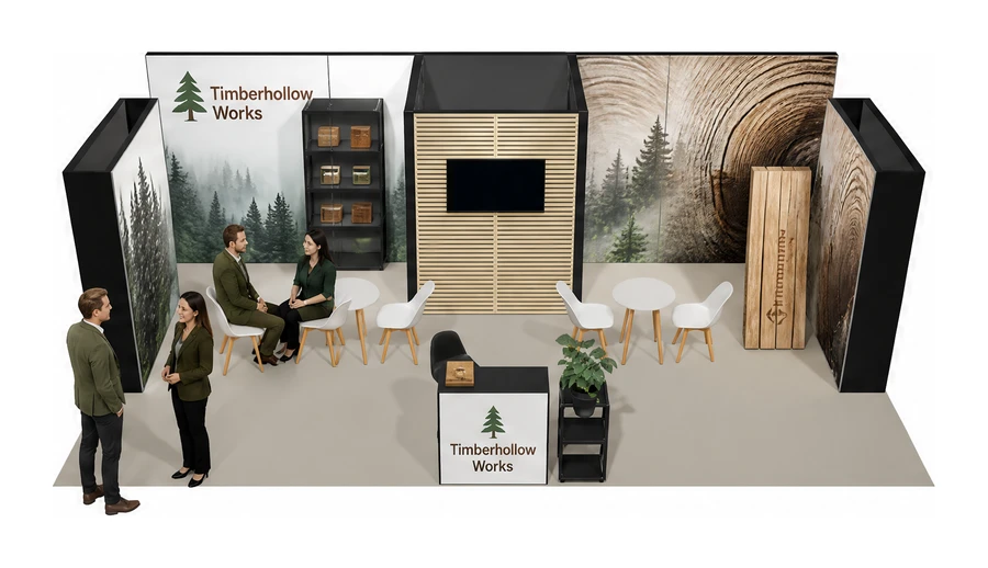 Stoisko 8 × 5 m półwyspowe dla branży leśnictwo i przemysł drzewny, przykładowa marka Timberhollow Works