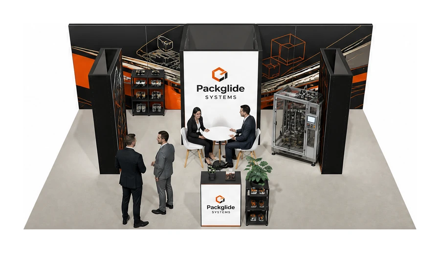 Stoisko 8 × 5 m półwyspowe dla branży maszyny pakujące, przykładowa marka Packglide Systems