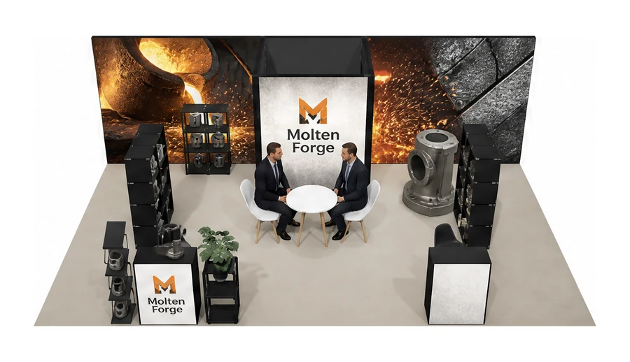 Stoisko 8 × 5 m półwyspowe dla branży obróbka metali i odlewnictwo, przykładowa marka Molten Forge