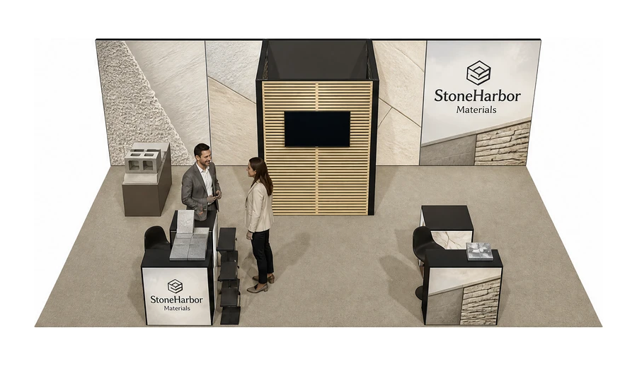 Stoisko 8 × 5 m półwyspowe dla branży materiały budowlane, przykładowa marka StoneHarbor Materials