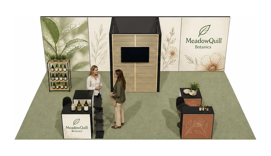Stoisko 8 × 5 m półwyspowe dla branży kosmetyki naturalne, przykładowa marka MeadowQuill Botanics