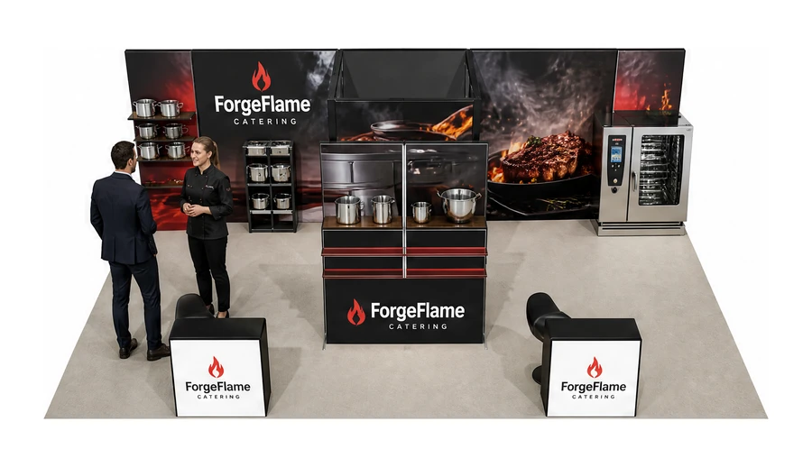 Stoisko 8 × 5 m półwyspowe dla branży wyposażenie gastronomii, przykładowa marka ForgeFlame Catering