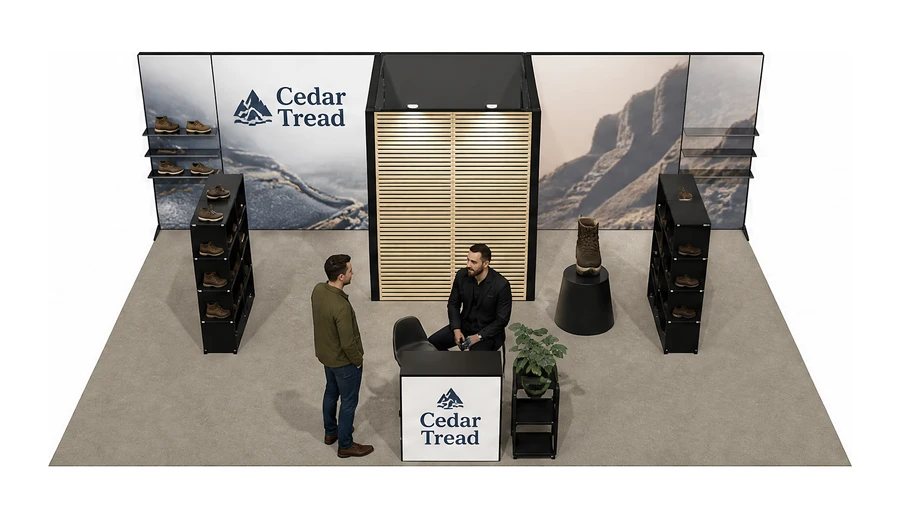 Stoisko 8 × 5 m półwyspowe dla branży obuwie, przykładowa marka Cedar Tread