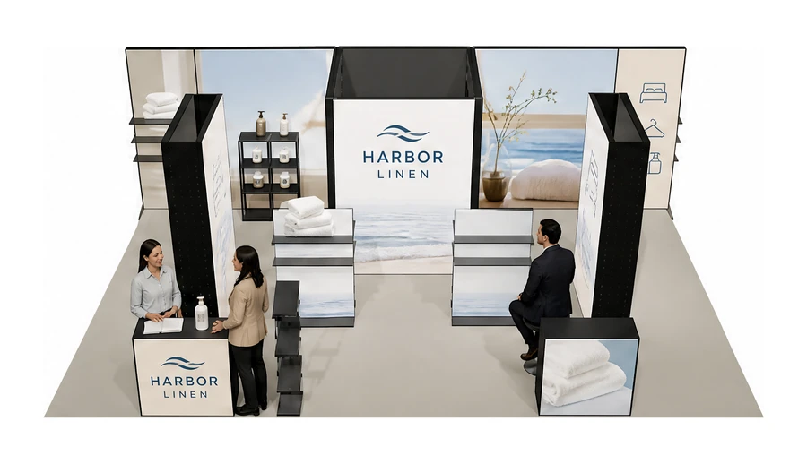 Stoisko 8 × 5 m półwyspowe dla branży wyposażenie hoteli, przykładowa marka Harbor Linen