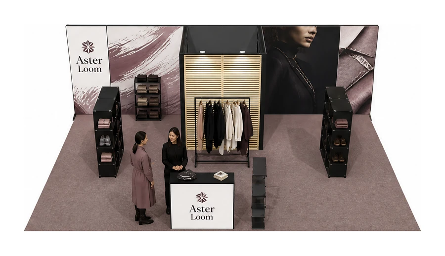 Stoisko 8 × 5 m półwyspowe dla branży odzież i moda, przykładowa marka Aster Loom