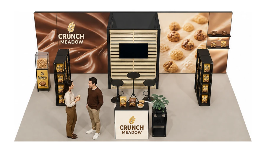 Stoisko 8 × 5 m półwyspowe dla branży słodycze i przekąski, przykładowa marka Crunch Meadow