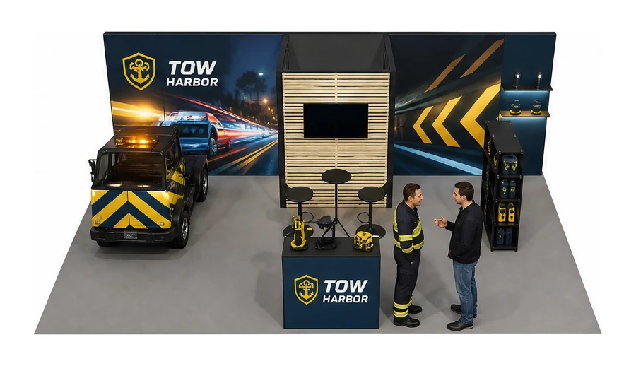 Stoisko 8 × 5 m półwyspowe dla branży pomoc drogowa i lawety, przykładowa marka Tow Harbor