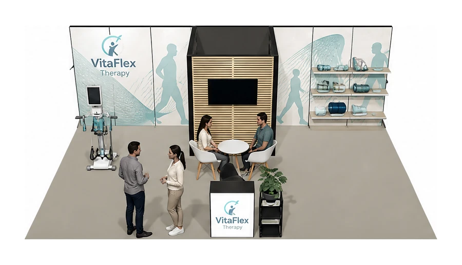 Stoisko 8 × 5 m półwyspowe dla branży rehabilitacja i fizjoterapia, przykładowa marka VitaFlex Therapy