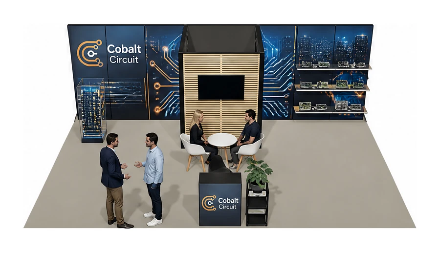 Stoisko 8 × 5 m półwyspowe dla branży komponenty elektroniczne, przykładowa marka Cobalt Circuit