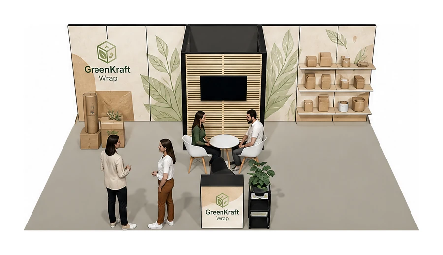 Stoisko 8 × 5 m półwyspowe dla branży opakowania ekologiczne, przykładowa marka GreenKraft Wrap