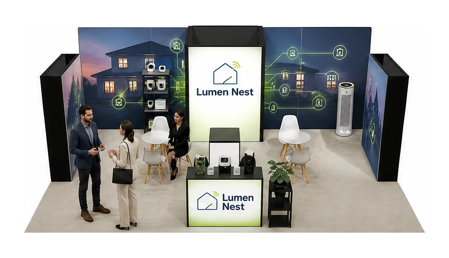 Stoisko 8 × 6 m półwyspowe dla branży smart home i IoT, przykładowa marka Lumen Nest