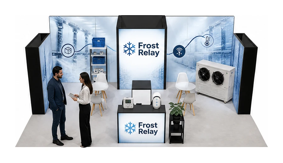 Stoisko 8 × 6 m półwyspowe dla branży łańcuch chłodniczy, przykładowa marka Frost Relay