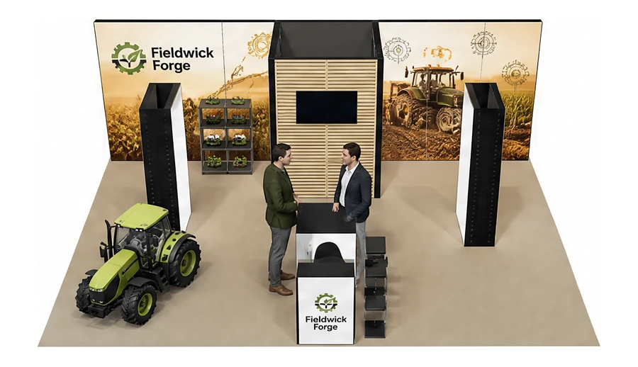 Stoisko 8 × 6 m półwyspowe dla branży maszyny rolnicze, przykładowa marka Fieldwick Forge