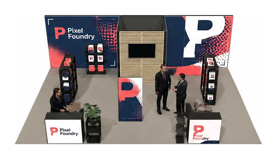 Stoisko 8 × 6 m półwyspowe dla branży reklama i druk, przykładowa marka Pixel Foundry