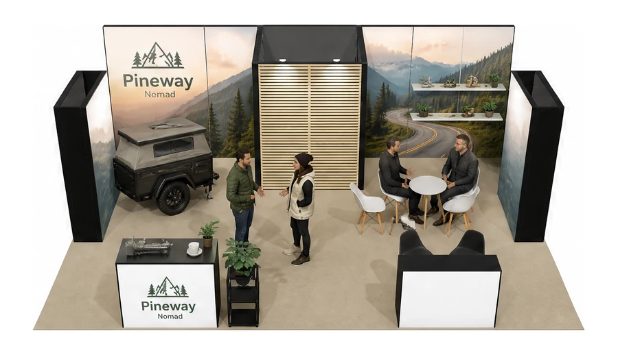 Stoisko 8 × 6 m półwyspowe dla branży caravaning i kampery, przykładowa marka Pineway Nomad