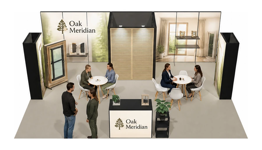 Stoisko 8 × 6 m półwyspowe dla branży okna i drzwi, przykładowa marka Oak Meridian