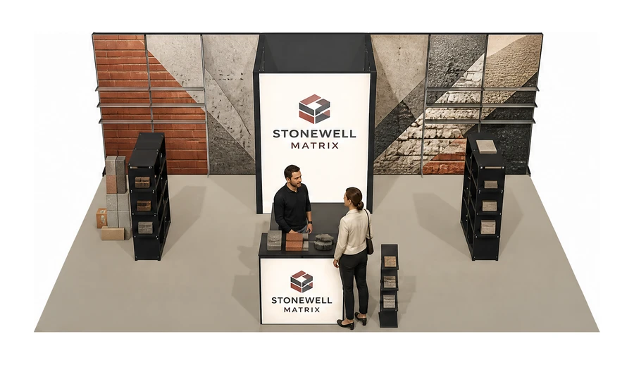 Stoisko 8 × 6 m półwyspowe dla branży materiały budowlane, przykładowa marka Stonewell Matrix