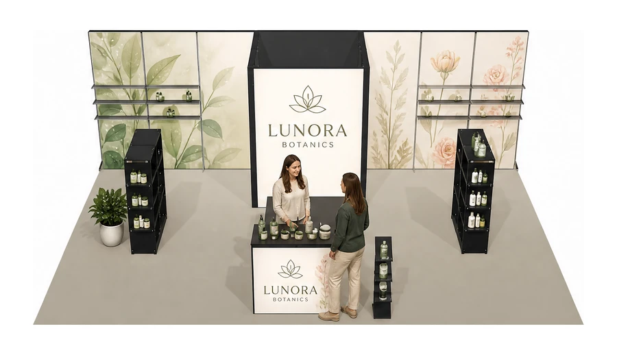 Stoisko 8 × 6 m półwyspowe dla branży kosmetyki naturalne, przykładowa marka Lunora Botanics