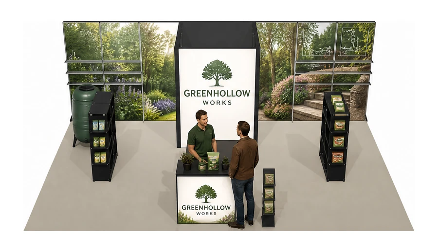 Stoisko 8 × 6 m półwyspowe dla branży ogród i architektura krajobrazu, przykładowa marka Greenhollow Works