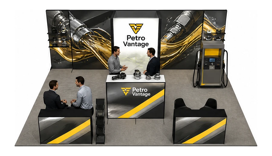 Stoisko 8 × 6 m półwyspowe dla branży stacje paliw, przykładowa marka Petro Vantage