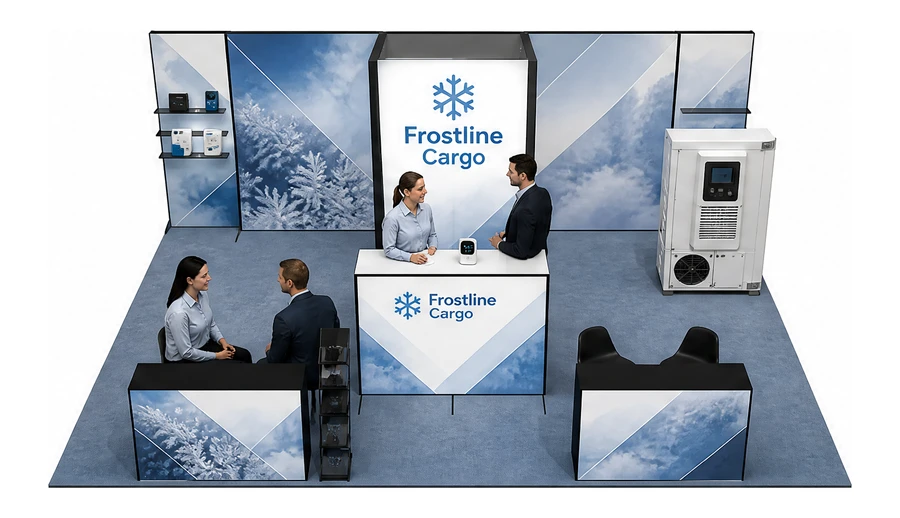Stoisko 8 × 6 m półwyspowe dla branży łańcuch chłodniczy, przykładowa marka Frostline Cargo