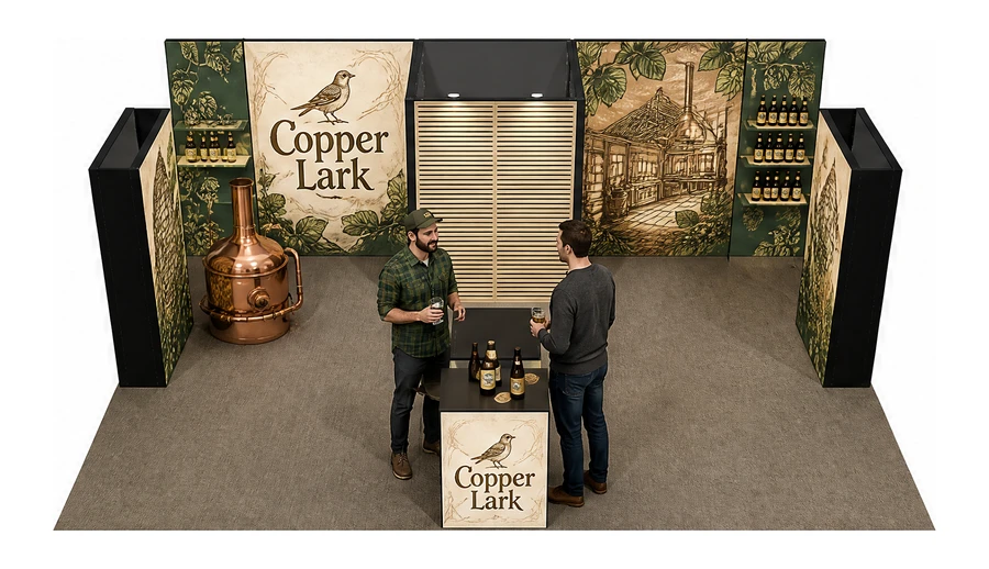 Stoisko 8 × 6 m półwyspowe dla branży browar rzemieślniczy, przykładowa marka Copper Lark