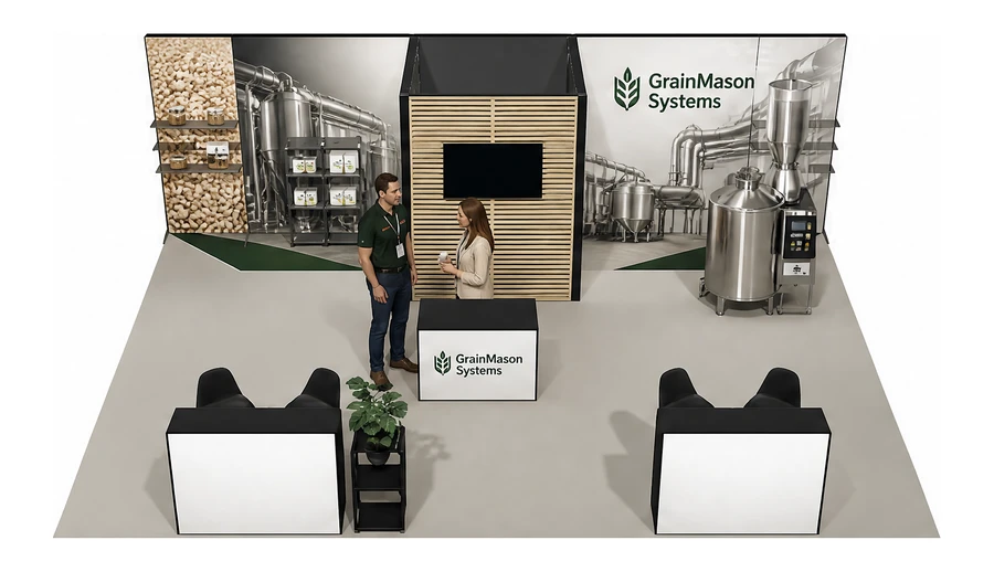 Stoisko 8 × 6 m półwyspowe dla branży technologie spożywcze, przykładowa marka GrainMason Systems