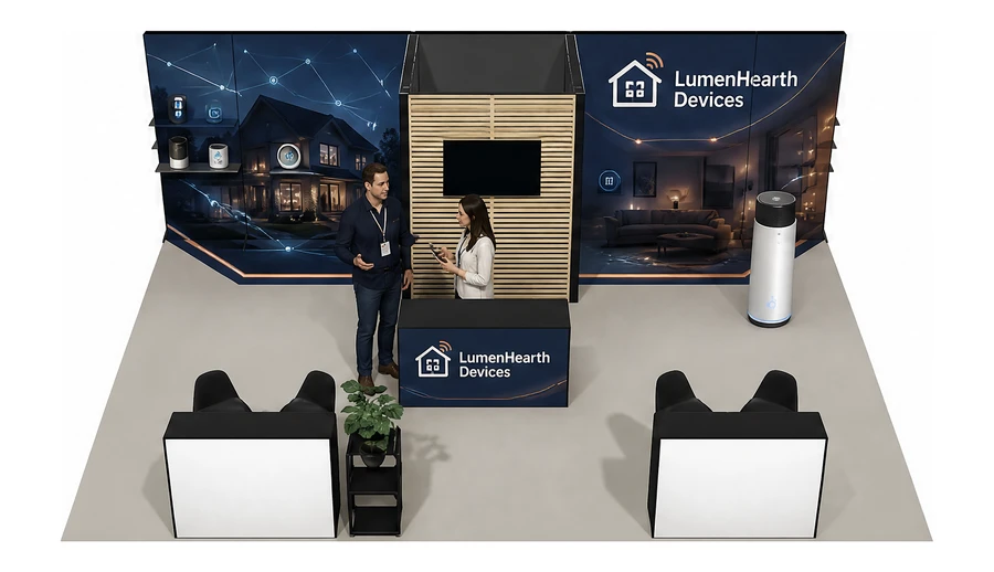 Stoisko 8 × 6 m półwyspowe dla branży smart home i IoT, przykładowa marka LumenHearth Devices