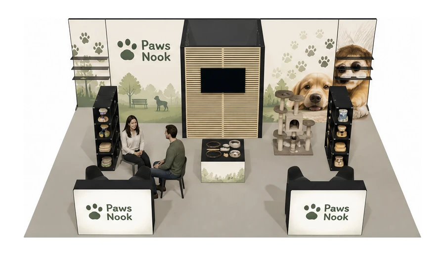 Stoisko 8 × 6 m półwyspowe dla branży akcesoria dla zwierząt, przykładowa marka Paws Nook