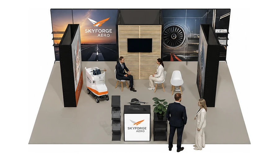 Stoisko 8 × 6 m półwyspowe dla branży lotnictwo, przykładowa marka Skyforge Aero