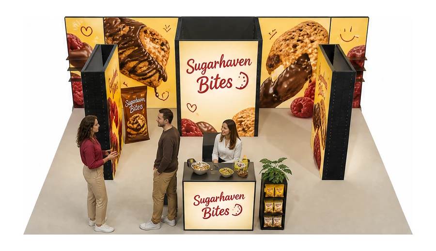 Stoisko 8 × 6 m półwyspowe dla branży słodycze i przekąski, przykładowa marka Sugarhaven Bites