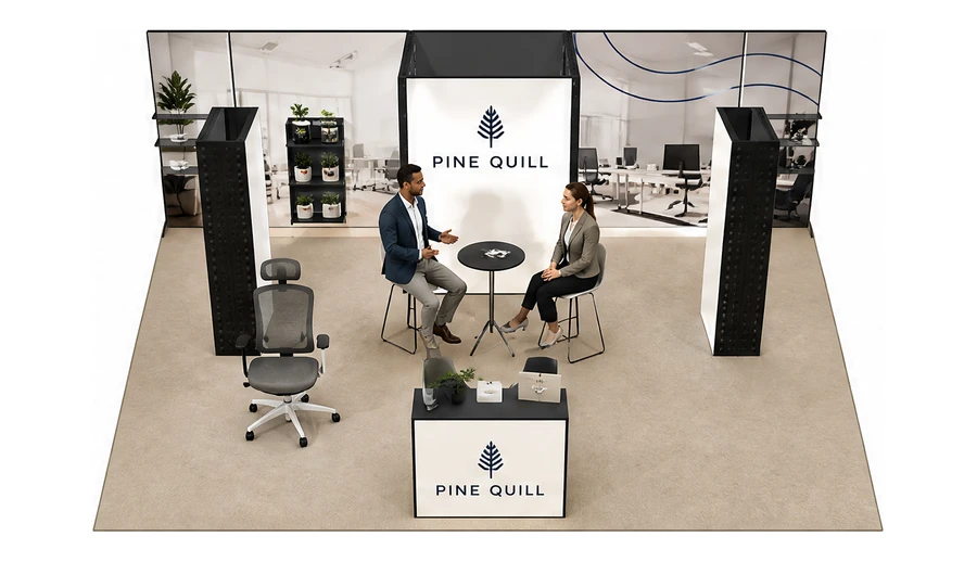 Stoisko 8 × 6 m półwyspowe dla branży meble biurowe, przykładowa marka Pine Quill