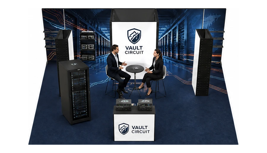 Stoisko 8 × 6 m półwyspowe dla branży infrastruktura IT i data center, przykładowa marka Vault Circuit