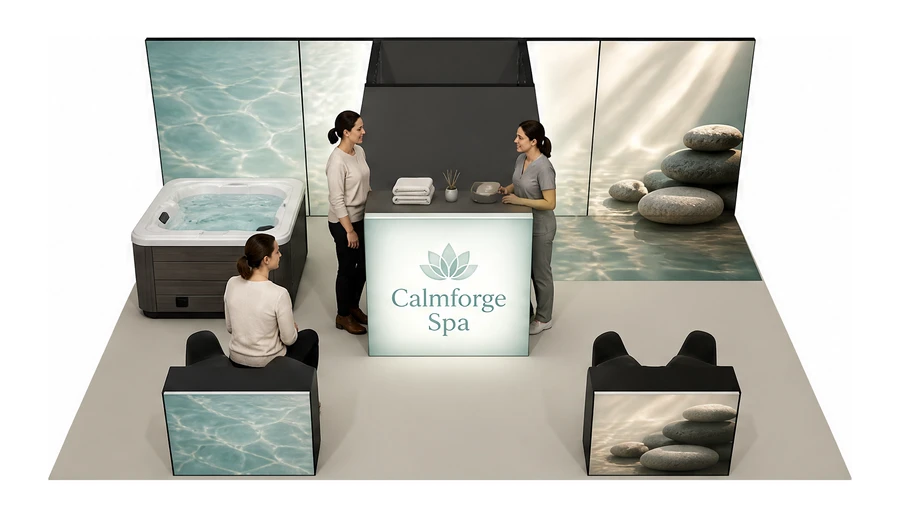 Stoisko 8 × 6 m półwyspowe dla branży spa i wellness, przykładowa marka Calmforge Spa