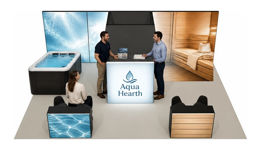 Stoisko 8 × 6 m półwyspowe dla branży baseny i sauny, przykładowa marka Aqua Hearth