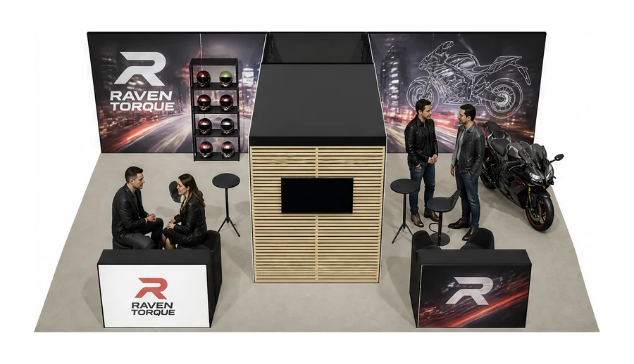 Stoisko 8 × 6 m półwyspowe dla branży motocykle i skutery, przykładowa marka Raven Torque