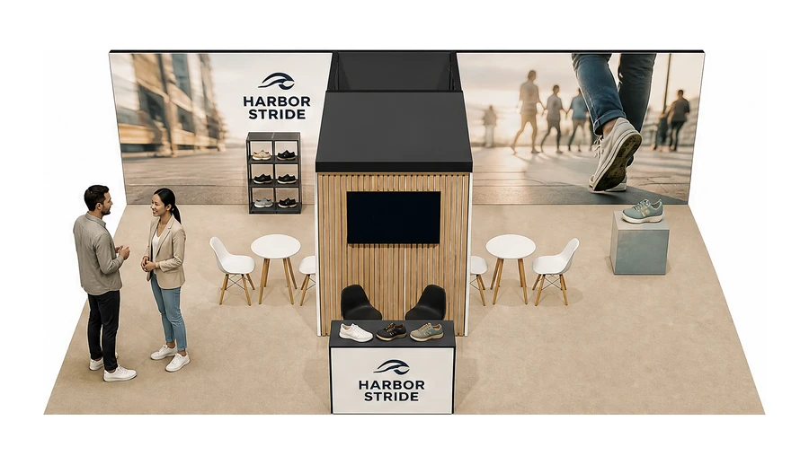 Stoisko 8 × 6 m półwyspowe dla branży obuwie, przykładowa marka Harbor Stride