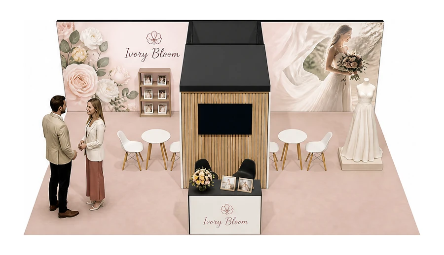 Stoisko 8 × 6 m półwyspowe dla branży branża ślubna, przykładowa marka Ivory Bloom