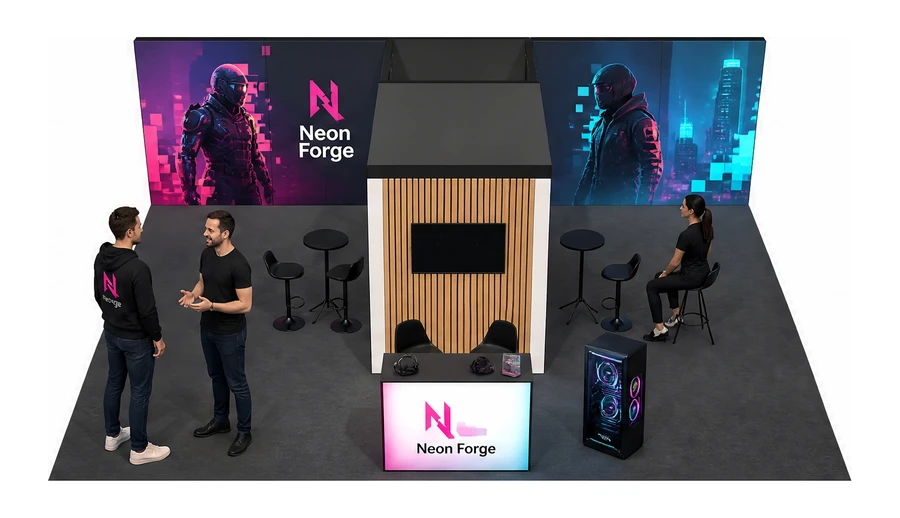 Stoisko 8 × 6 m półwyspowe dla branży gry wideo, przykładowa marka Neon Forge