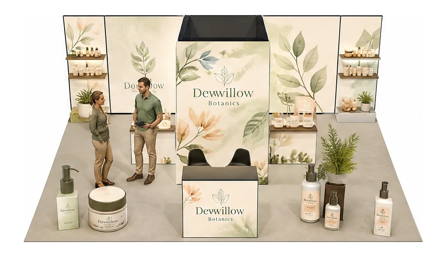 Stoisko 8 × 6 m półwyspowe dla branży kosmetyki naturalne, przykładowa marka Dewwillow Botanics