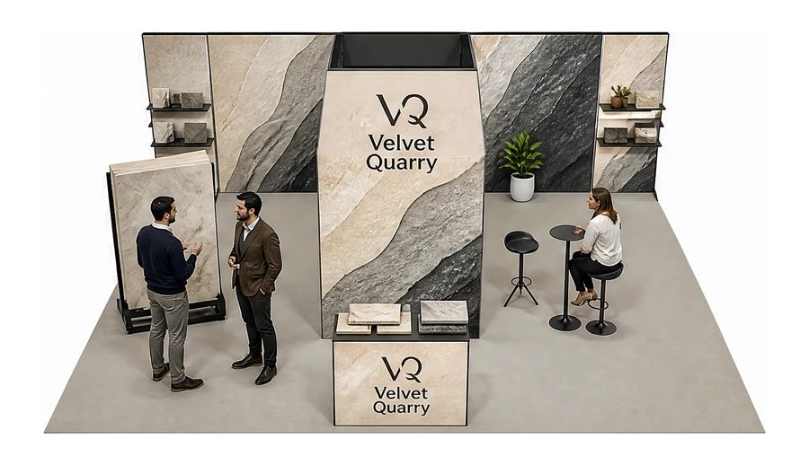 Stoisko 8 × 6 m półwyspowe dla branży wykończenie wnętrz, przykładowa marka Velvet Quarry