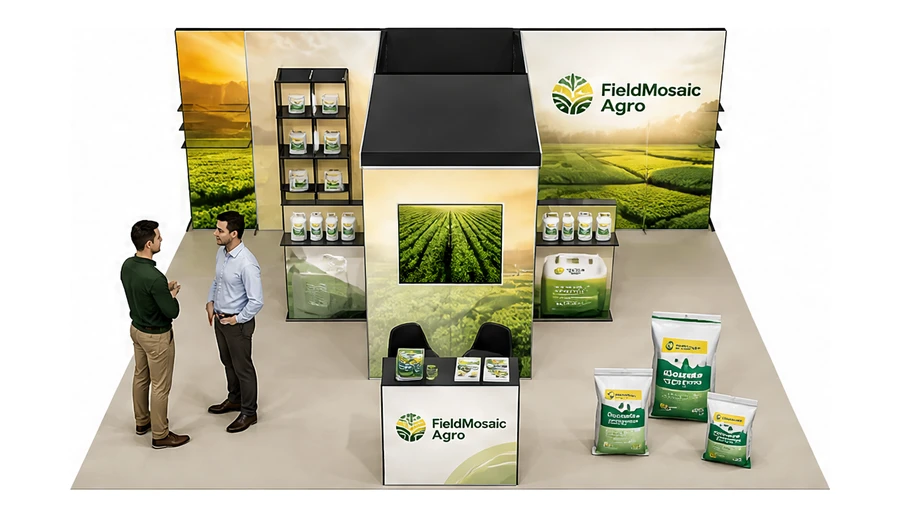 Stoisko 8 × 6 m półwyspowe dla branży nawozy i ochrona roślin, przykładowa marka FieldMosaic Agro