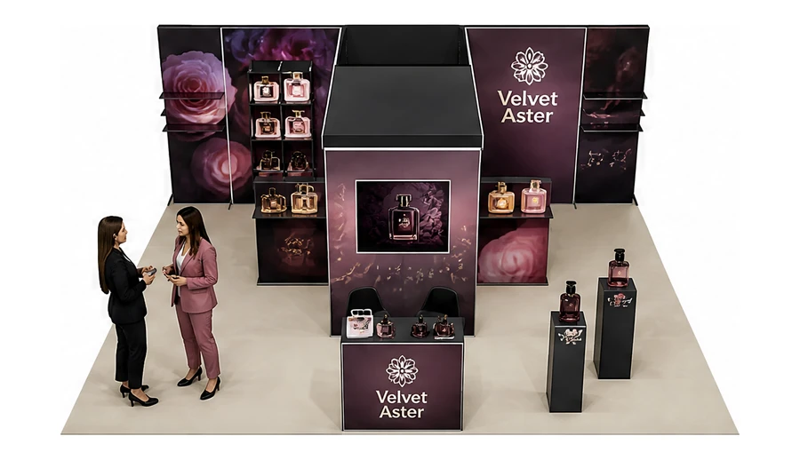 Stoisko 8 × 6 m półwyspowe dla branży perfumy, przykładowa marka Velvet Aster