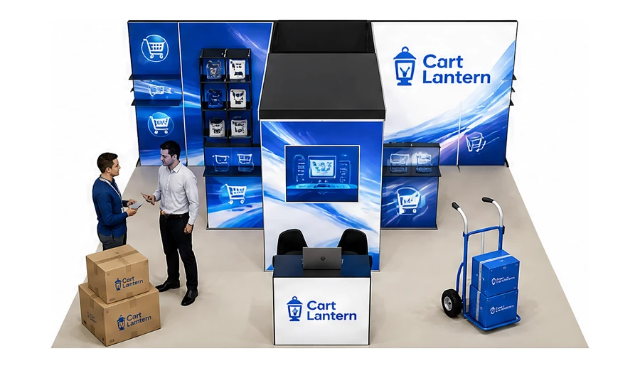 Stoisko 8 × 6 m półwyspowe dla branży e-commerce, przykładowa marka Cart Lantern