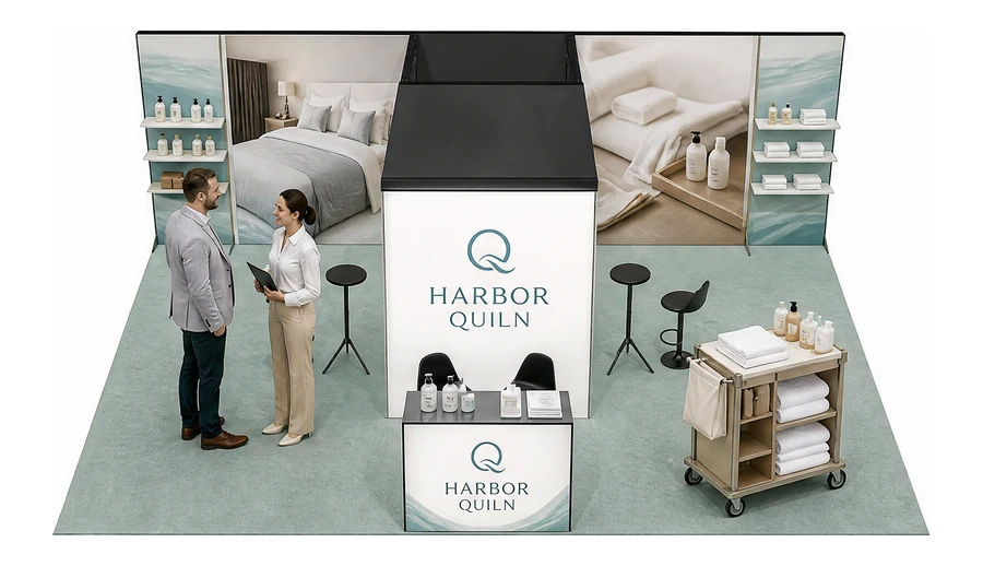Stoisko 8 × 6 m półwyspowe dla branży wyposażenie hoteli, przykładowa marka Harbor Quiln