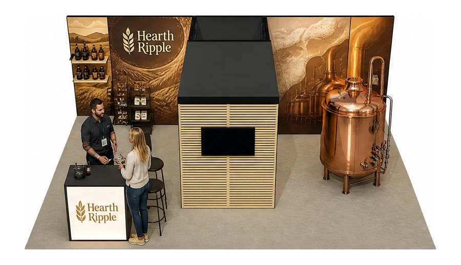 Stoisko 8 × 6 m półwyspowe dla branży browar rzemieślniczy, przykładowa marka Hearth Ripple
