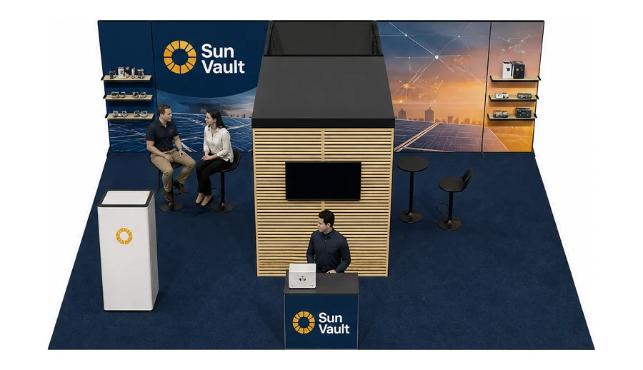 Stoisko 8 × 6 m półwyspowe dla branży fotowoltaika, przykładowa marka Sun Vault