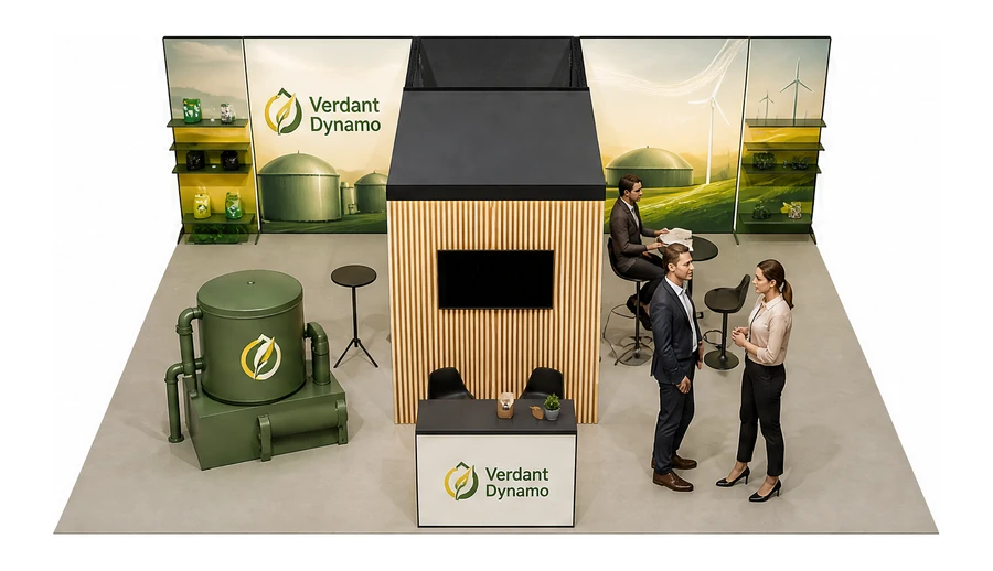 Stoisko 8 × 6 m półwyspowe dla branży biogaz i OZE, przykładowa marka Verdant Dynamo